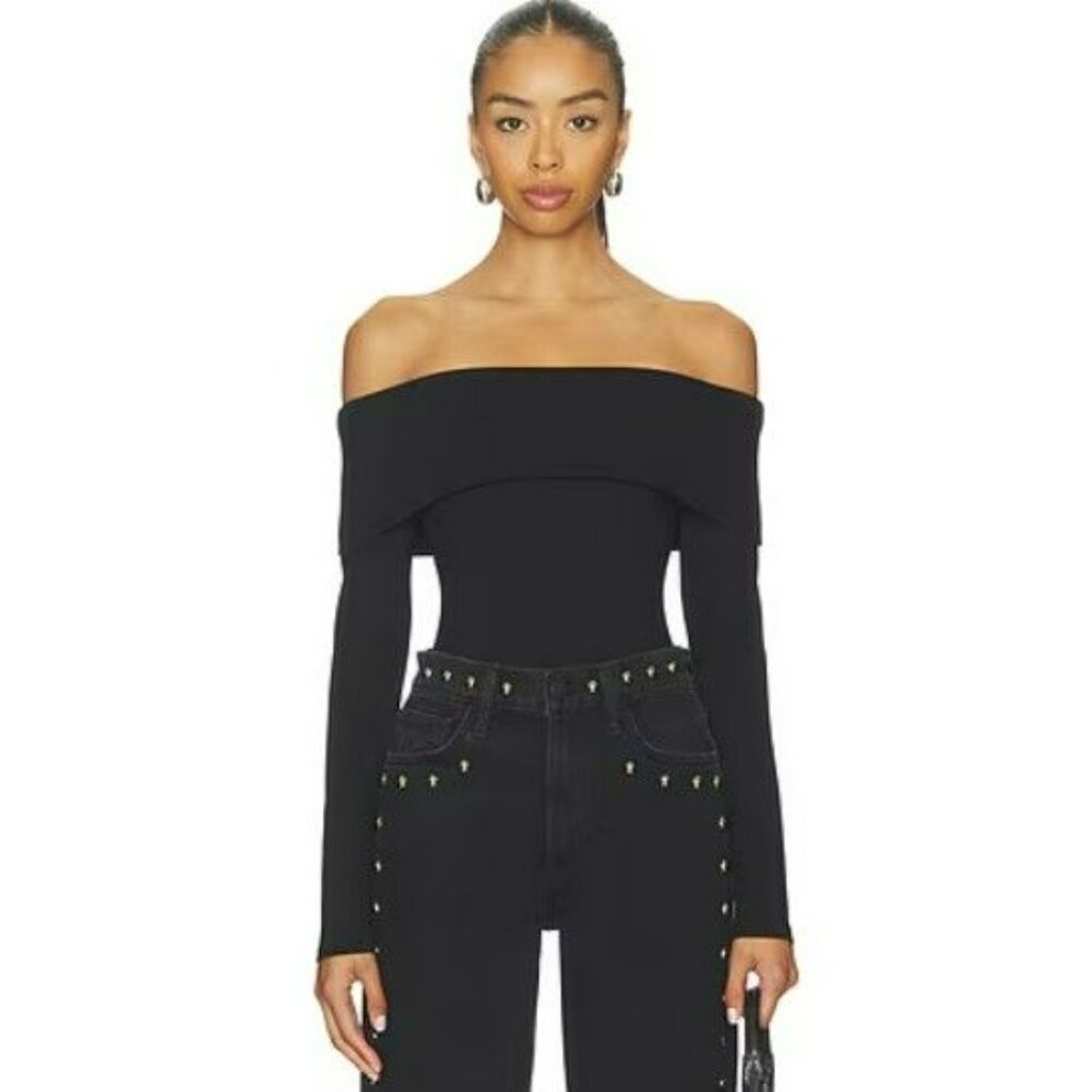 HELSA Revolve Black Sheer Knit Off The Shoulder Top Mesh Jersey Long Sleeve - Picture 3 of 15